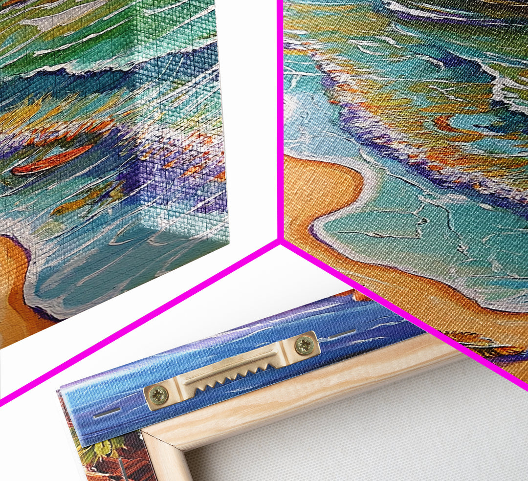 Beach Waves, Boats, Aerial Coastal Landscape, Framed Canvas Print, Boho Ocean Art, Bathroom Wall Decor, Vibrant Nautical Artwork