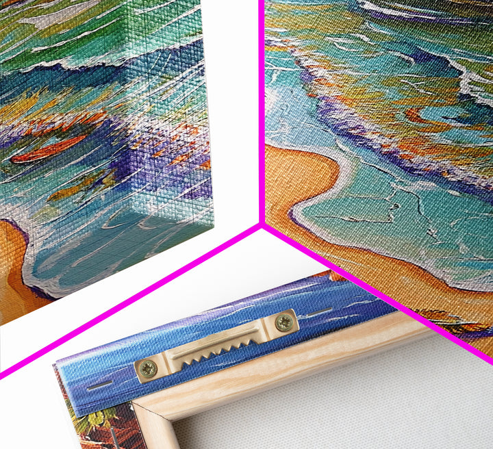 Beach Waves, Boats, Aerial Coastal Landscape, Framed Canvas Print, Boho Ocean Art, Bathroom Wall Decor, Vibrant Nautical Artwork