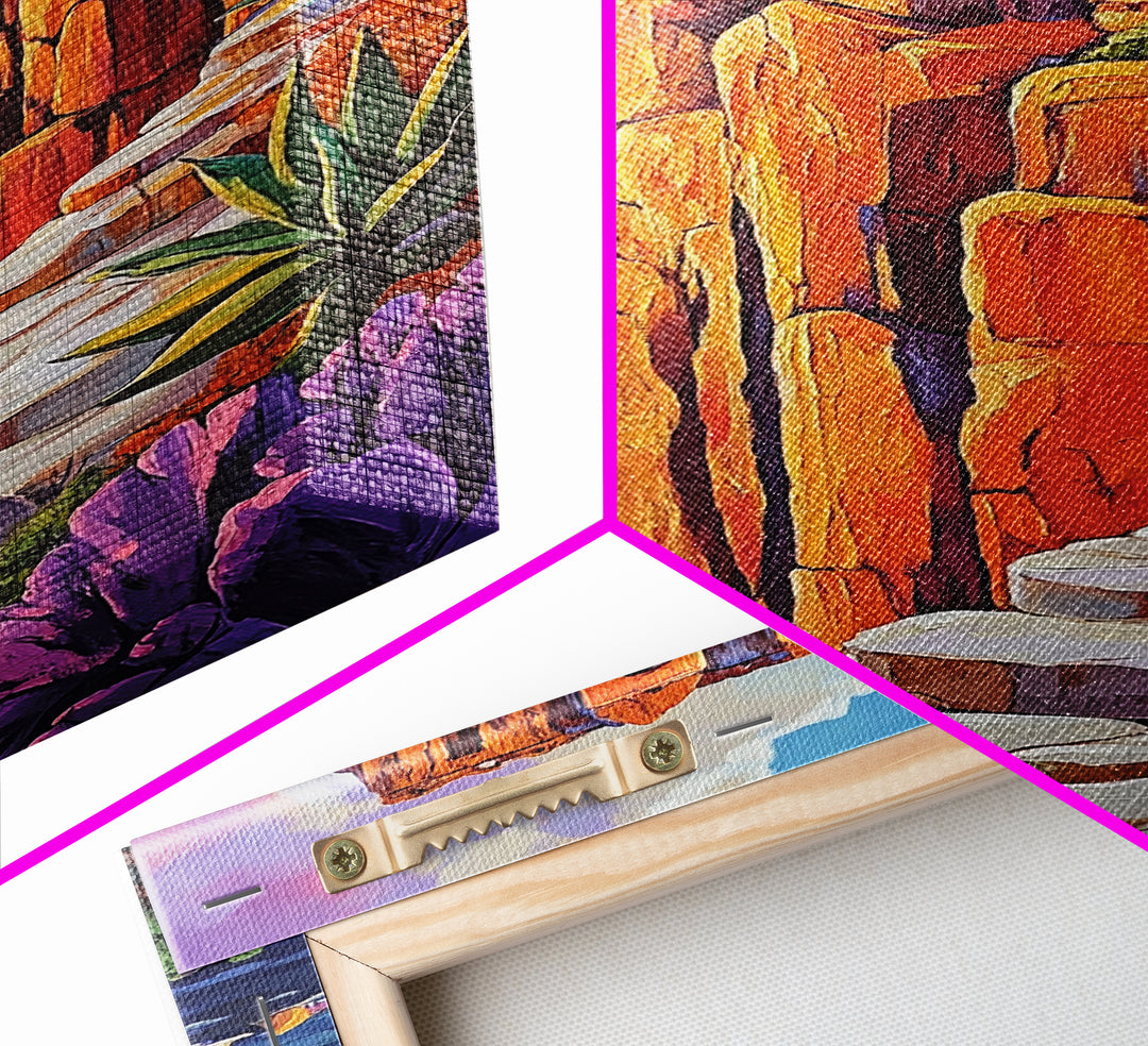 Cliffside Ruins, Ocean, Sunset Ancient Fortress Art, Framed Canvas Print, Dramatic Living Room Wall Decor, Southwest Adventure Style