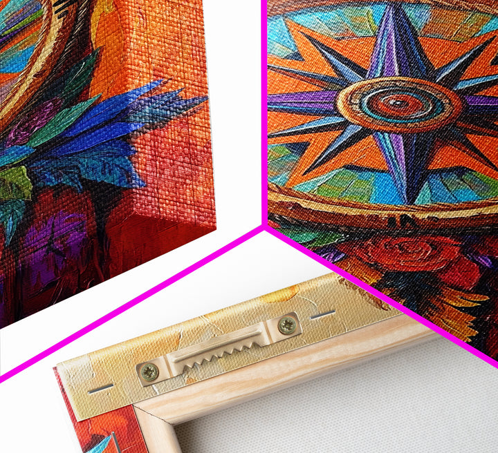 Compass, Rustic, Floral, Wall, Framed Canvas Print, Boho compass rose art with flowers, ideal bohemian home decor or entryway statement art