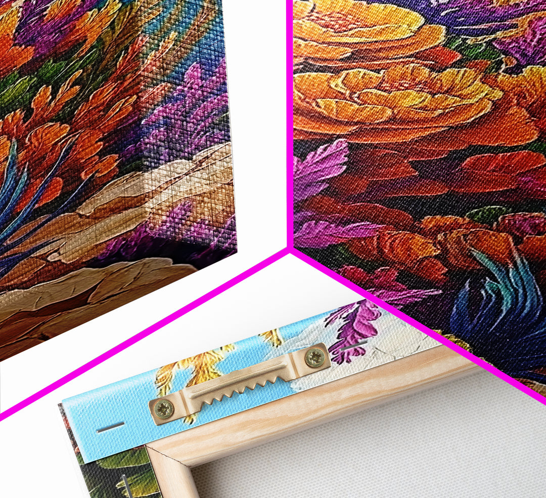 Coastal, Botanical, Garden, Flowers, Framed Canvas Print, Bright coastal flowers with ocean view, ideal summer vibe bathroom or patio wall art