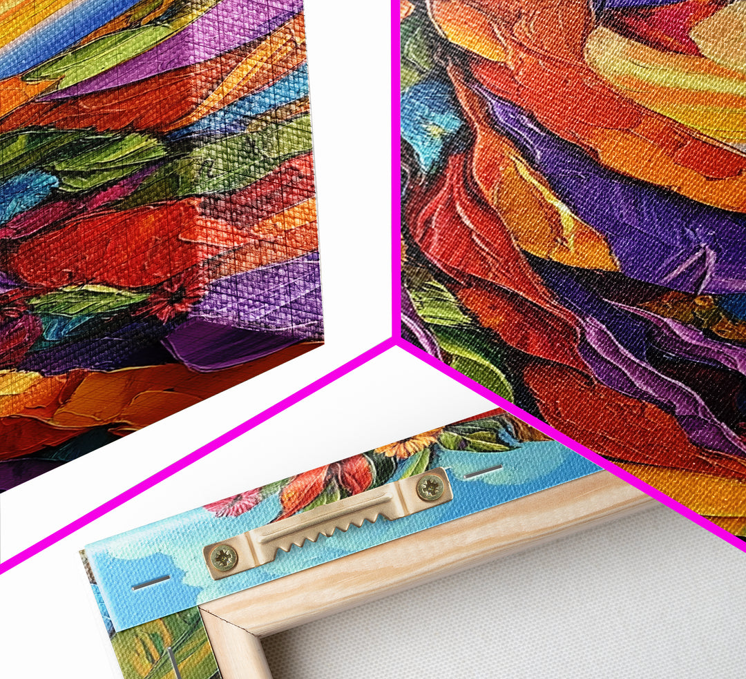 Abstract Bloom, Petals, Rainbow, Framed Canvas Print, bold flower art, modern botanical decor, textured wall piece, Bedroom or Entryway