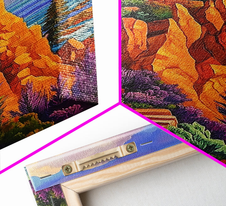 Cliff Cabin, Ocean, Trees, Framed Canvas Print, Seaside cabin on cliff with vivid trees and ocean view, rustic fall living room wall art