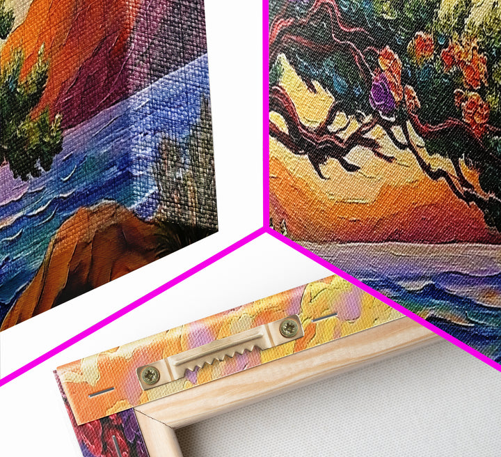 Coastal Tree, Sunset Glow, Flowering Branches, Ocean Horizon, Canvas Print, Bedroom Wall Art, Tranquil Nature Scene, Vibrant Landscape