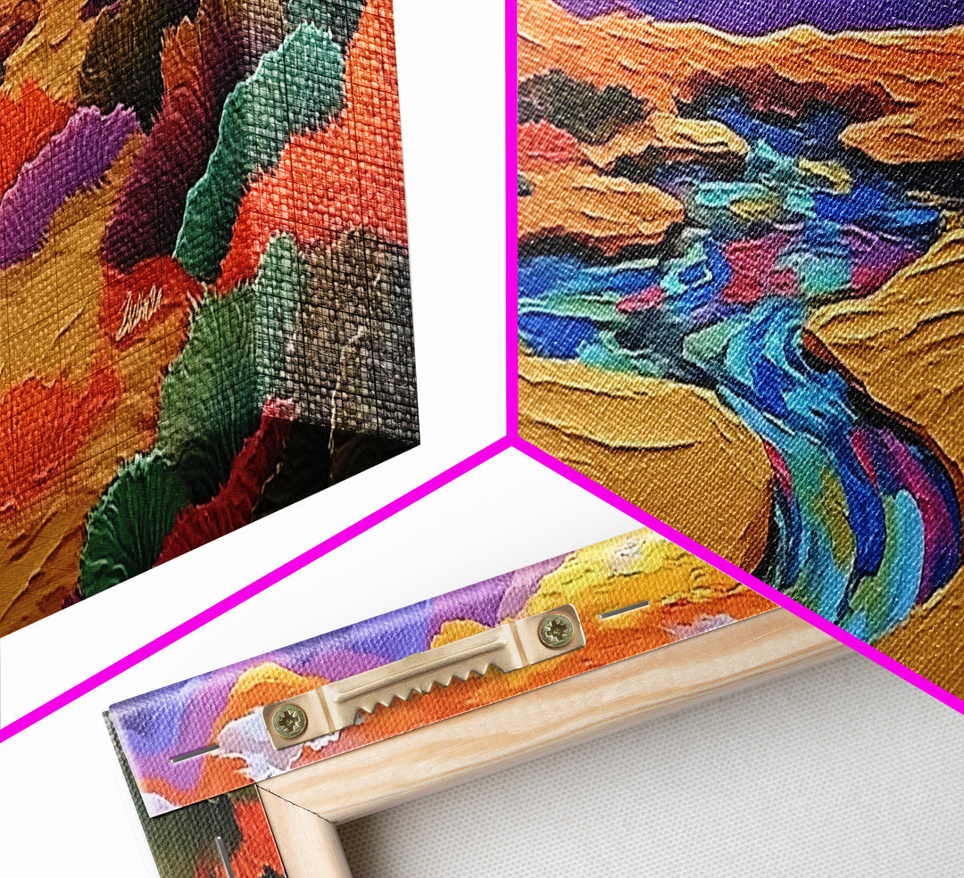 Desert River Sunset, Bold Nature Painting, Vibrant Landscape, Fall Wall Decor, Earthy Living Room Framed Canvas Print, Beach House Wall Art