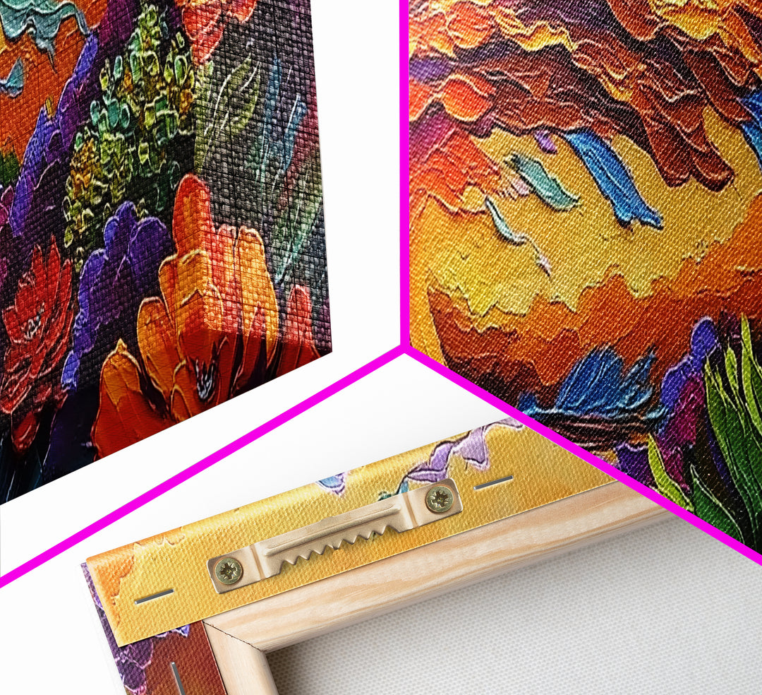 Abstract Wave, Fiery Floral Splash, Boho Landscape Art, Framed Canvas Print, Bold Living Room Statement Wall Decor