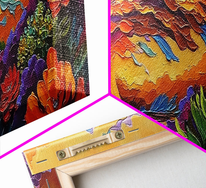 Abstract Wave, Fiery Floral Splash, Boho Landscape Art, Framed Canvas Print, Bold Living Room Statement Wall Decor