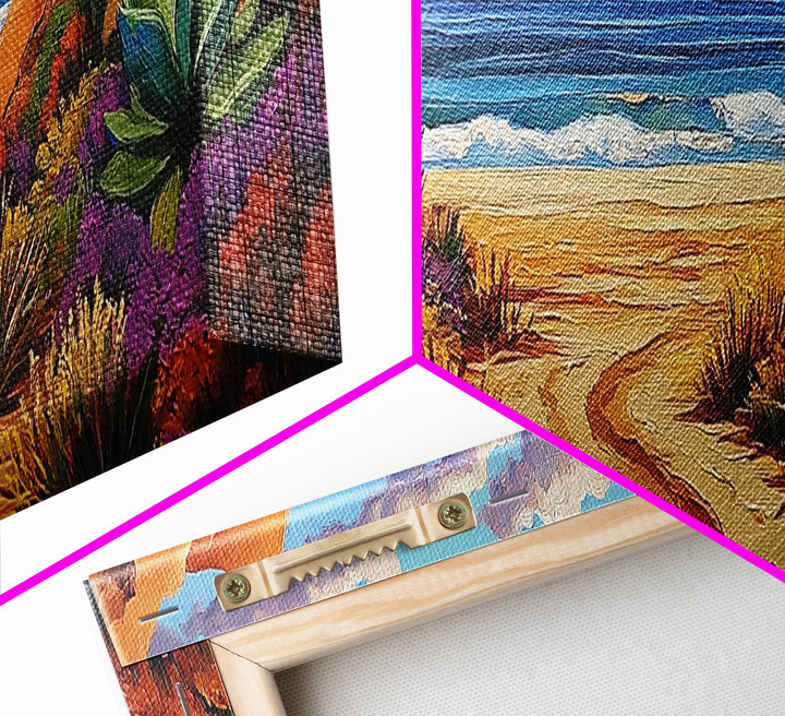 Desert Path, Beach Escape, Vibrant Nature, Scenic View, Framed Canvas Print, landscape painting, hallway art, sunset wall decor