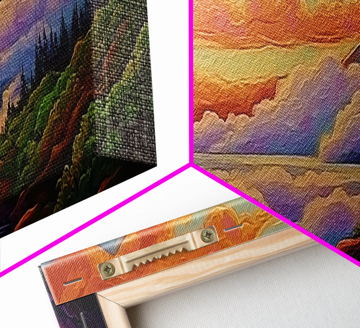 Cloudy Mountains, Sunset Glow, Forest Horizon, Tranquil Vibes, Framed Canvas Print, peaceful landscape, bedroom wall art