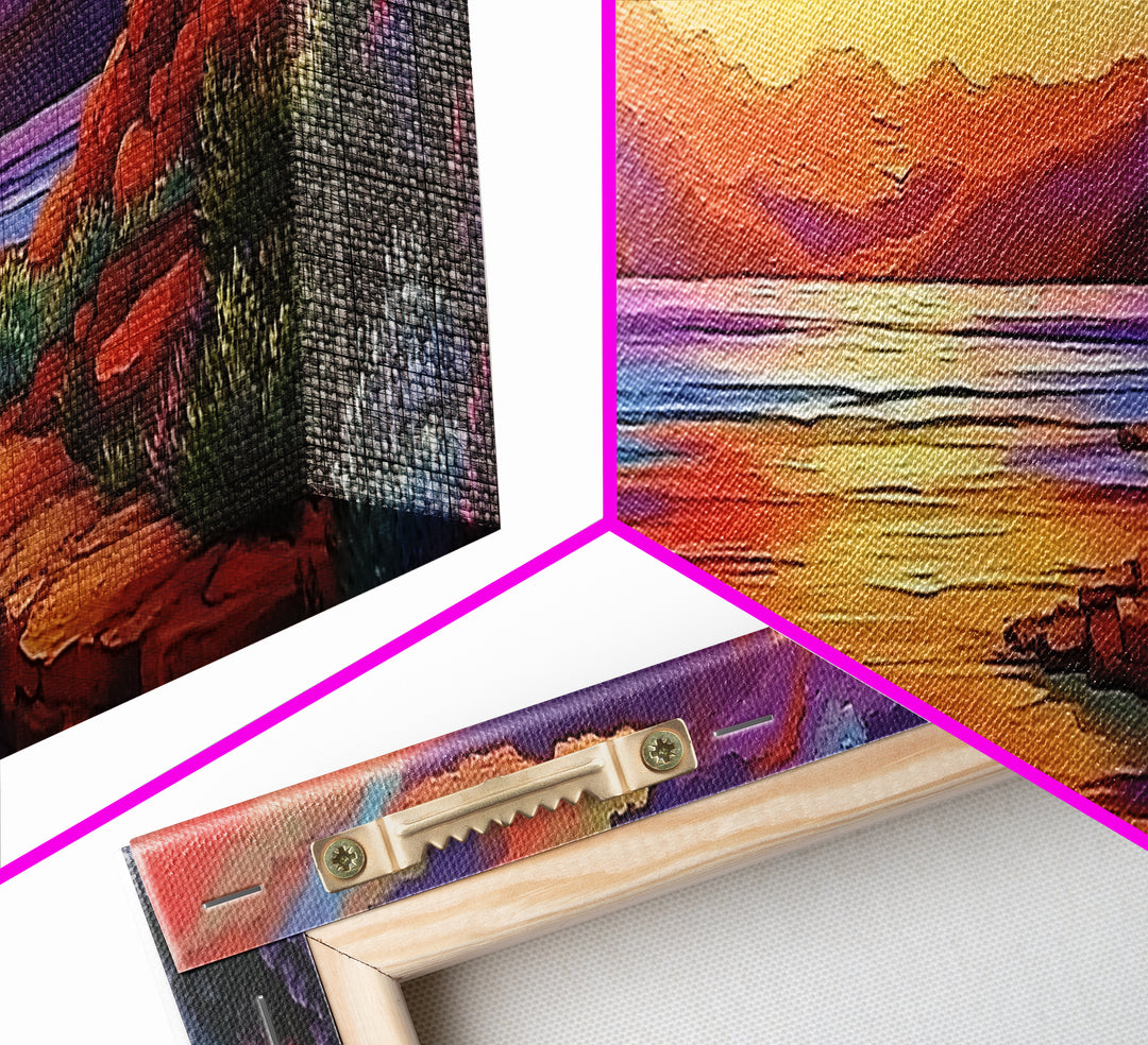 Rocky Sunset, Tranquil Cove, Mountain Glow, Ocean Calm, Framed Canvas Print, vivid sunset art, nature escape, living room decor