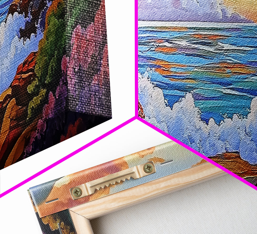 Crashing Waves Painting, Rocky Shoreline View, Sunset Coastal Landscape, Framed Canvas Print, Nautical Art, Living Room Decor