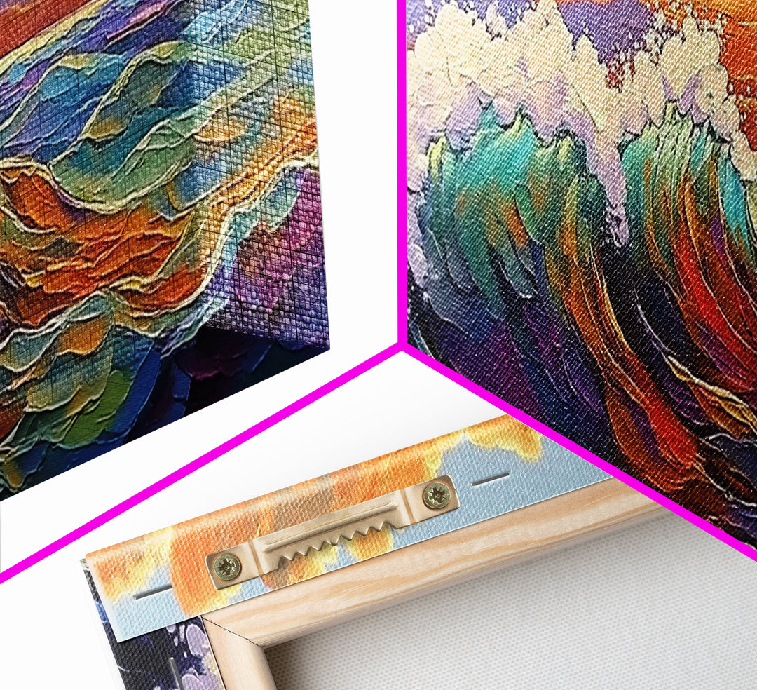 Ocean Wave Sunset, Vibrant Seascape Painting, Tropical Horizon Scene, Framed Canvas Print, Coastal Wall Art, Nautical Decor