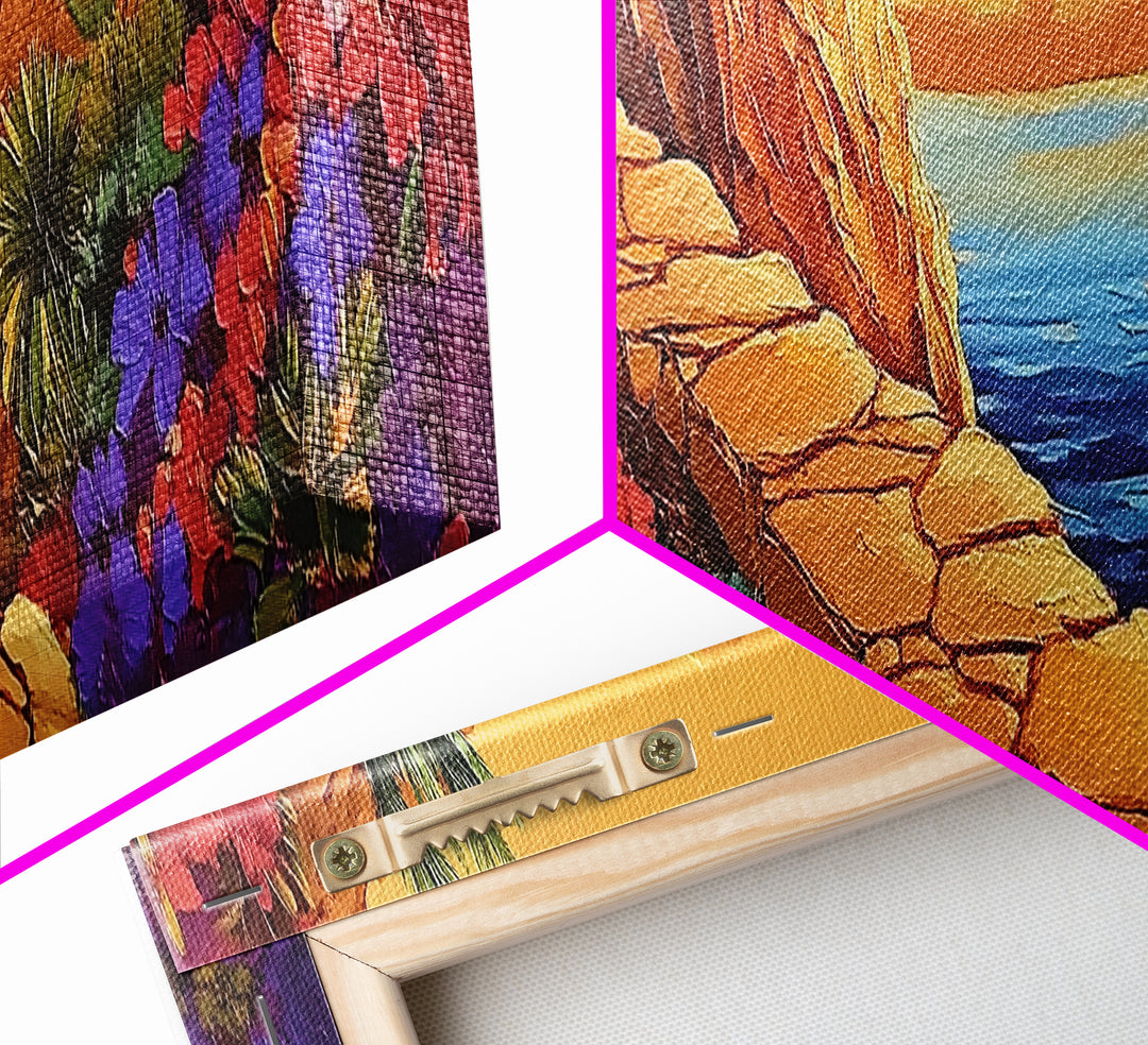 Desert Path, Floral Trail, Mountain View, Framed Canvas Print, Southwestern Wall Art, Nature Inspired Art, Boho Vibe, Living Room Decor