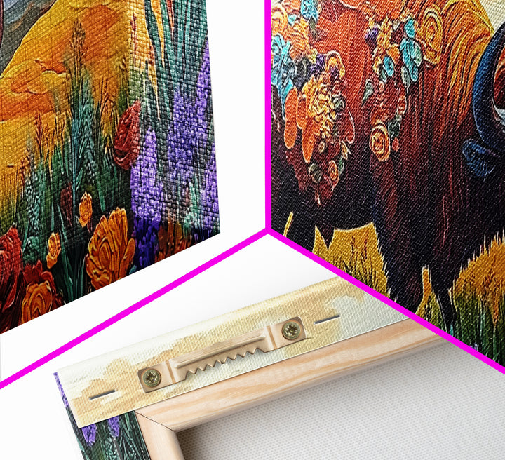Bison Meadow, Wildflowers, Prairie Soul, Framed Canvas Print, Fall Wall Art, Western Decor, Rustic Living Room Art, Nature Art