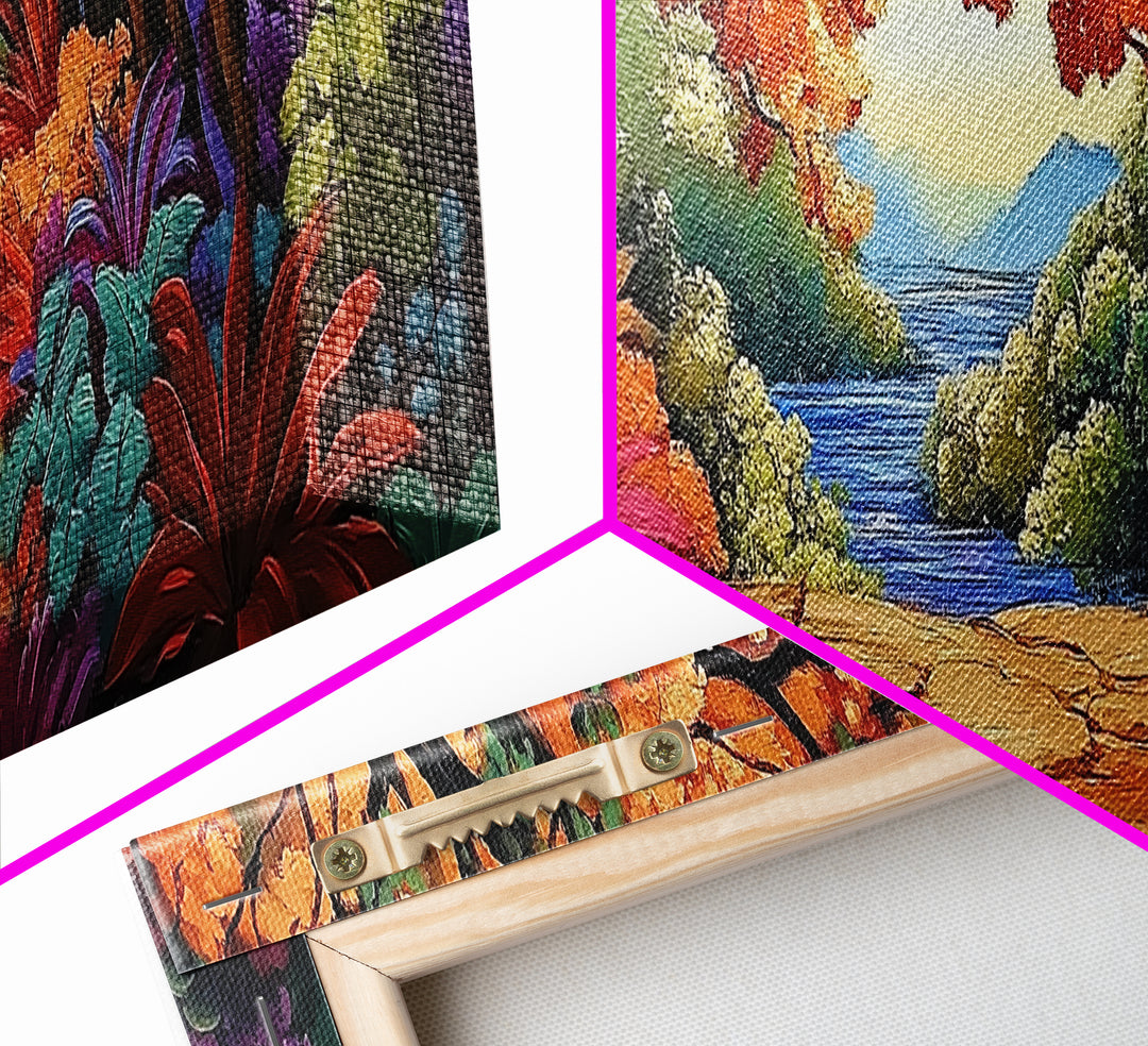 Autumn Archway, Colorful Path, Forest Lake, Vibrant Trees, Framed Canvas Print, Entryway Wall Art, Fall Nature Scene, Boho Art