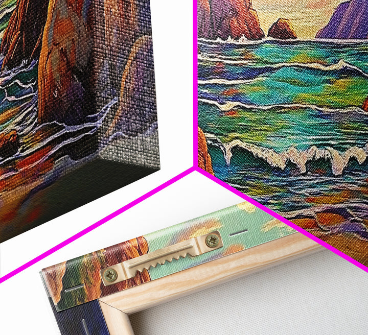 Rocky Cove, Sunset Ocean, Wave Art, Coastal View, Framed Canvas Print, Bathroom Wall Art, Earth Tones, Seascape Canvas Decor