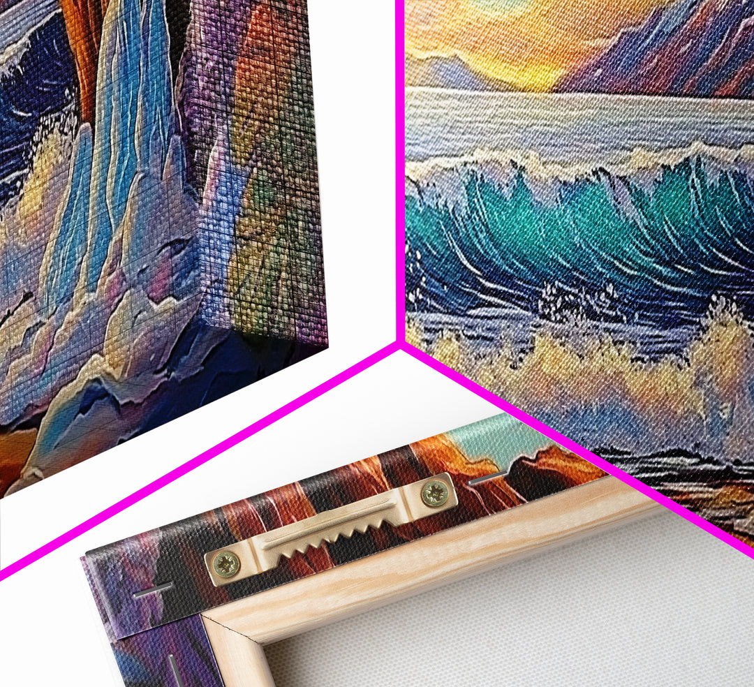 Arctic Ocean Cave, Winter Seascape, Vibrant Ice Waves, Framed Canvas Print, Seasonal Wall Art, Coastal Fantasy Decor