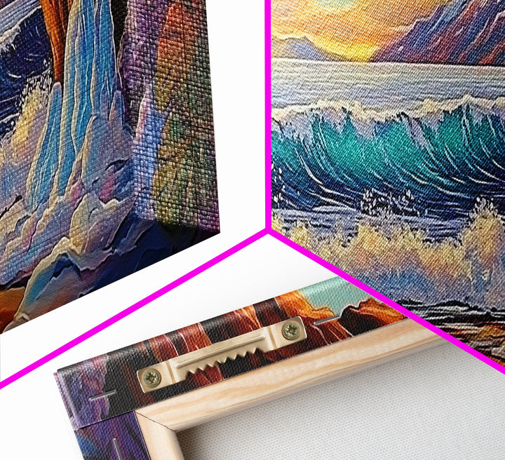 Arctic Ocean Cave, Winter Seascape, Vibrant Ice Waves, Framed Canvas Print, Seasonal Wall Art, Coastal Fantasy Decor