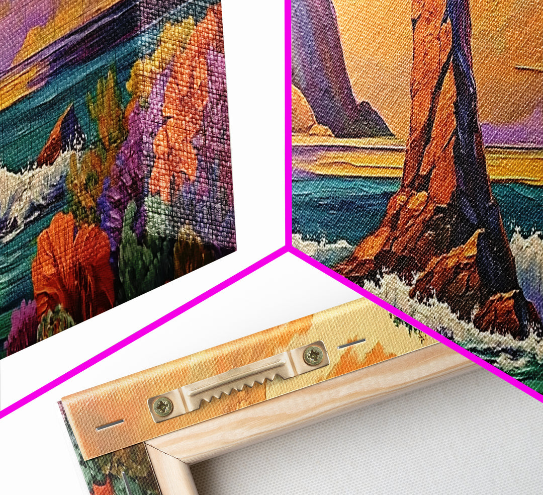 Ocean Rock Island, Sunset Coastline, Floral Foreground, Canvas Print, Living Room Wall Art, Mystical Nature Landscape