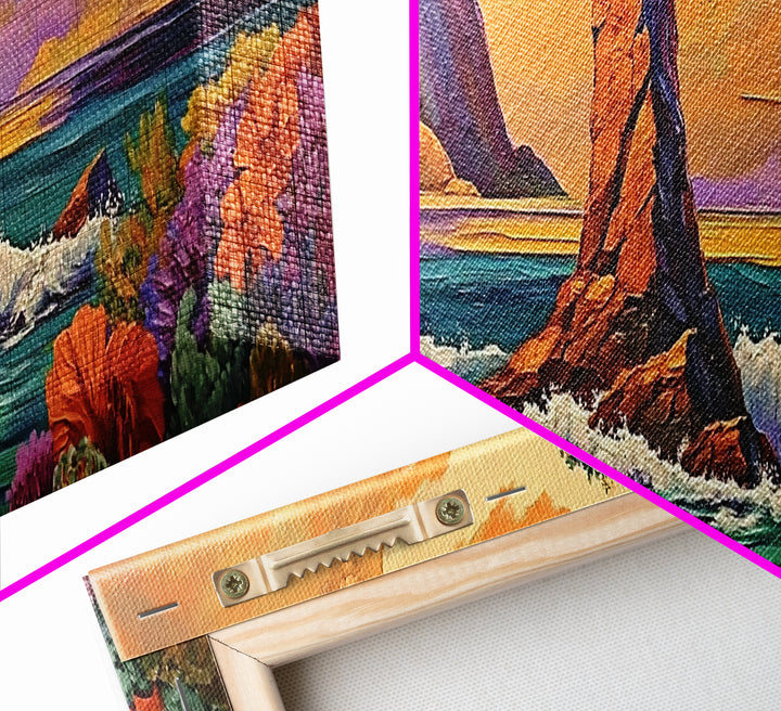 Ocean Rock Island, Sunset Coastline, Floral Foreground, Canvas Print, Living Room Wall Art, Mystical Nature Landscape