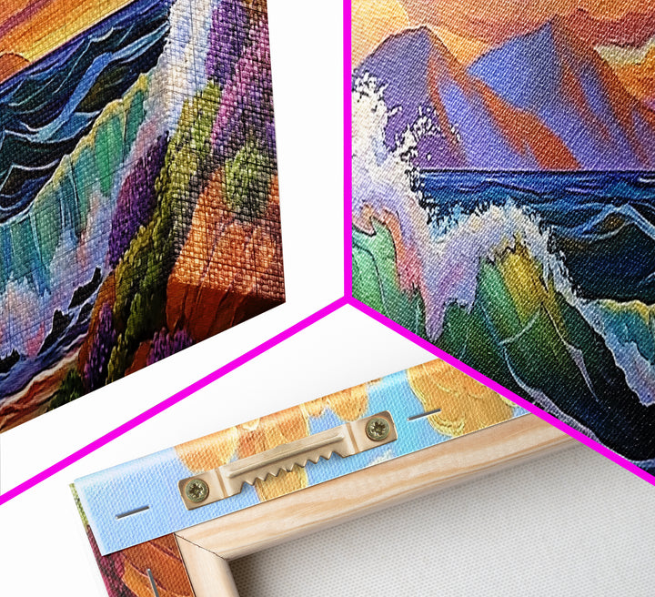 Coastal Surf, Sunset Clouds, Tropical Vibes, Ocean Wave Art, Framed Canvas Print, Beach House Decor, Seaside Living Room Art