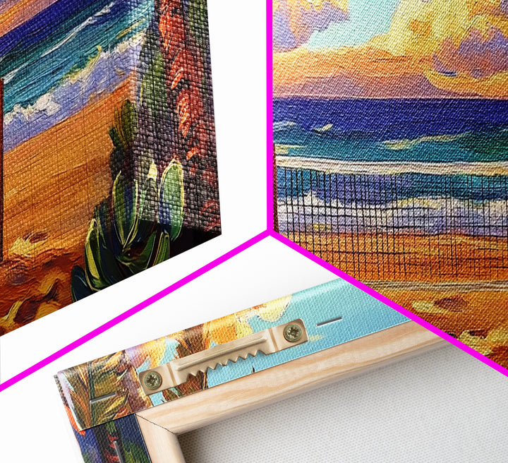 Beach Sunset, Palm Trees, Volleyball Net, Tropical Decor, Framed Canvas Print, Coastal Wall Art, Boho Beach Vibes, Game Room Art