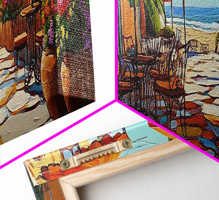 Coastal Café, Ocean View, Umbrella Patio, Bright Florals, Framed Canvas Print, Kitchen Wall Art, Mediterranean Style, Garden Dining Art