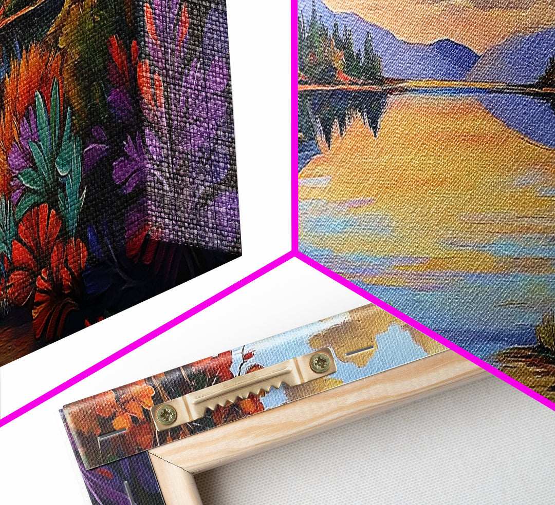 Autumn Lake Reflection, Tranquil Nature Painting, Fall Forest Sunset, Framed Canvas Print, Cozy Living Room or Cabin Wall Decor