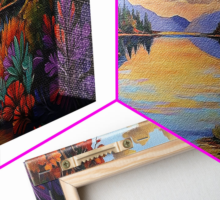 Autumn Lake Reflection, Tranquil Nature Painting, Fall Forest Sunset, Framed Canvas Print, Cozy Living Room or Cabin Wall Decor