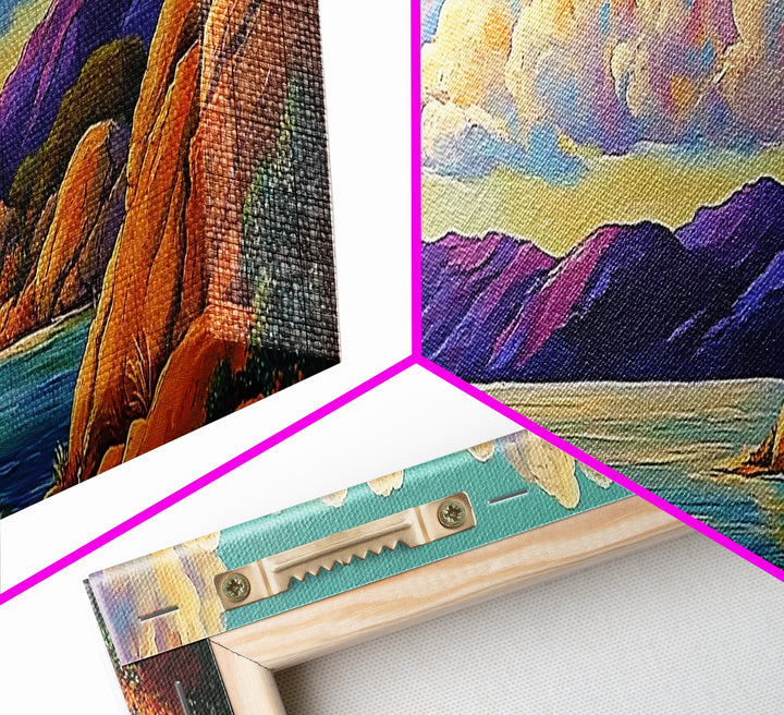 Rocky Coast View, Cloudy Sky Seascape, Peaceful Nature Art, Framed Canvas Print, Beach House Decor, Coastal Bedroom Wall Art