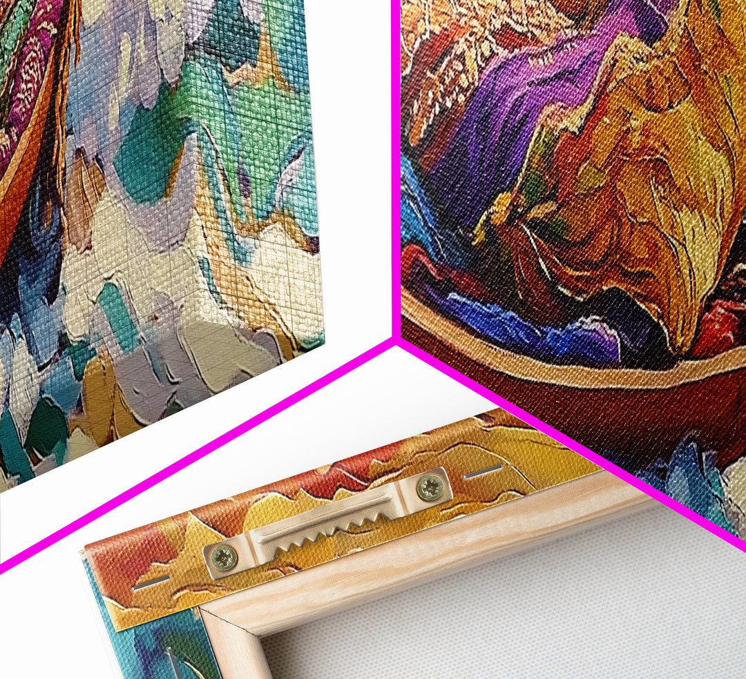 Cozy Boat, Colorful Blankets, Ocean Sunset, Serene Waves, Framed Canvas Print, Bohemian Bedroom Art, Nautical Style, Relaxation Vibe