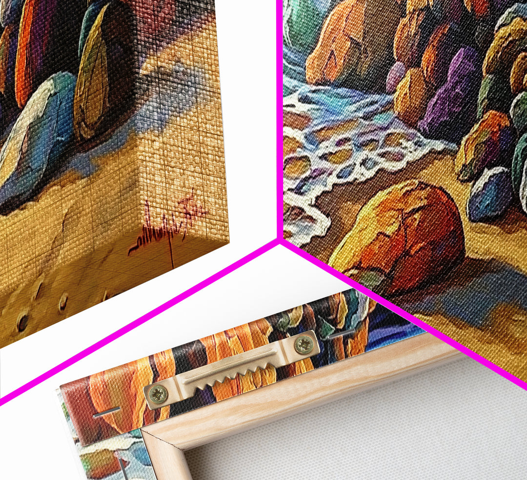 Rocky Shoreline Waves, Ocean Rocks Art, Seaside Spray, Framed Canvas Print, Bathroom Coastal Wall Art, Bold Beach Style, Nautical Decor