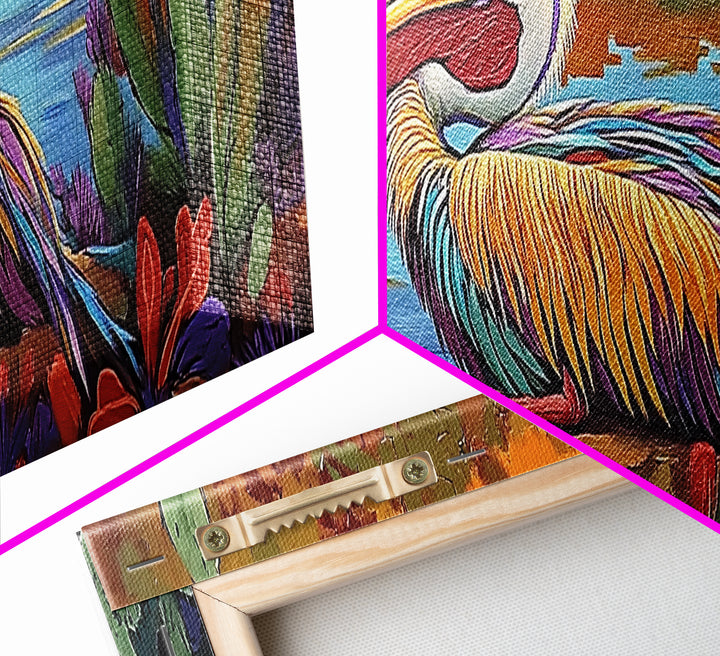 Colorful Pelican, Tropical Bird, Lake Wildlife, Autumn Palette, Framed Canvas Print, Boho Nature Wall Art, Dining Room Bird Artwork