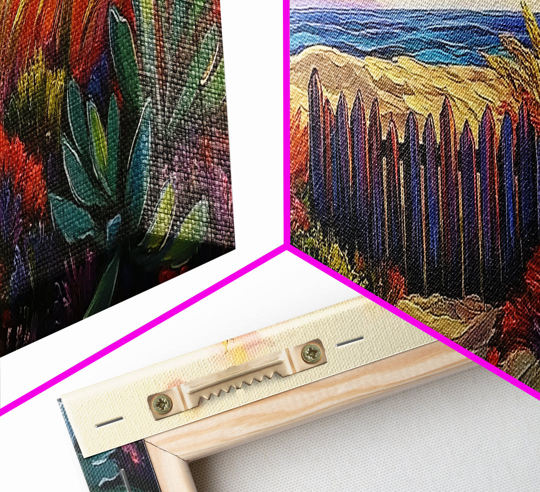 Beach Fence, Sunset Shore, Autumn Grass, Serene Dunes, Framed Canvas Print, Boho Coastal Art, Bedroom Tranquil Wall Decor