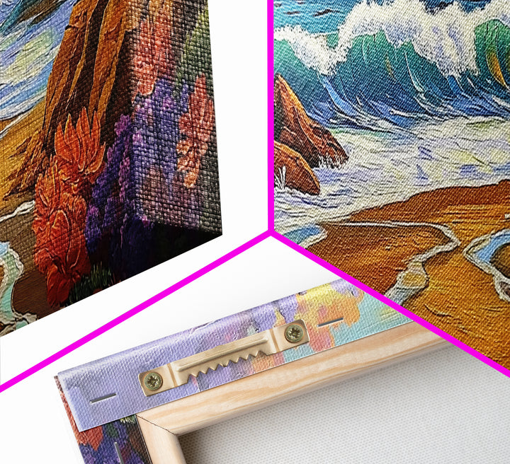 Coastal Wave, Bold Surf, Rocky Sunset, Flower Shoreline, Framed Canvas Print, Nautical Art, Bathroom Beach Landscape Decor