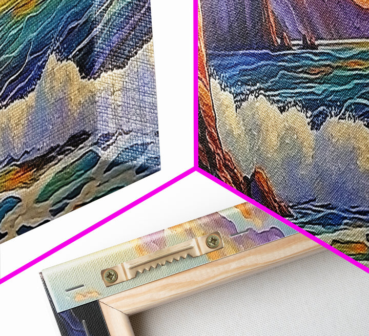 Coastal Cliff, Ocean Waves, Sunset Water, Rocky Shoreline, Framed Canvas Print, Bathroom Wall Art, Vibrant Seascape, Beach House Style