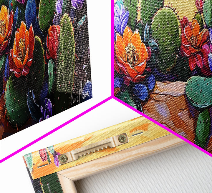 Cactus Garden Bloom, Southwest Succulent Art, Bright Floral Desert Scene, Framed Canvas Print, Kitchen Wall Art, Boho Botanical Decor