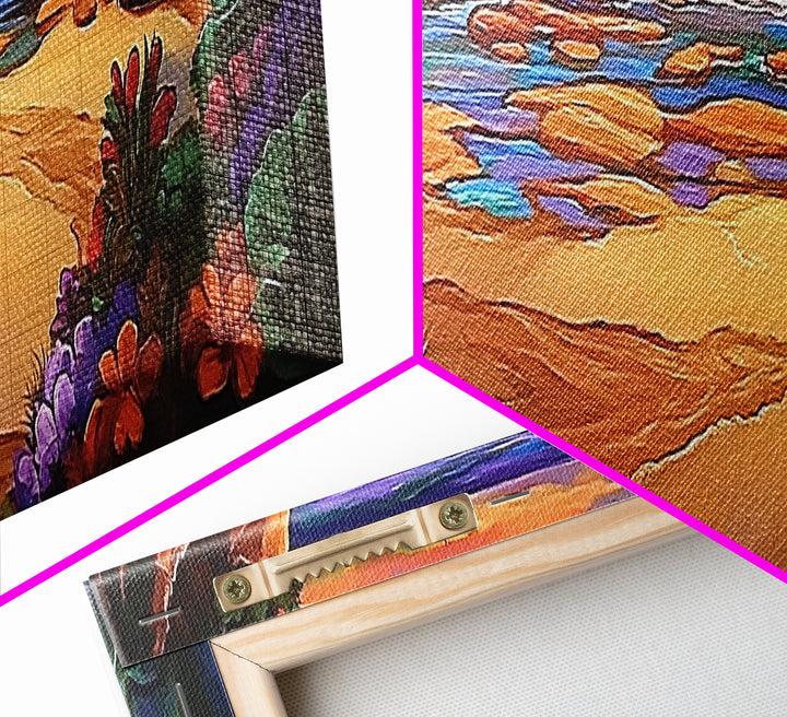 Rocky Beach Cove, Tropical Floral Ocean Art, Sunset Coastline View, Framed Canvas Print, Bathroom Wall Art, Nature Inspired Style