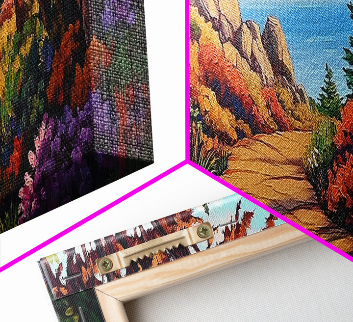 Coastal Forest Walk, Vibrant Landscape Painting, Ocean View Trail, Autumn Decor, Framed Canvas Print, Hallway Wall Art