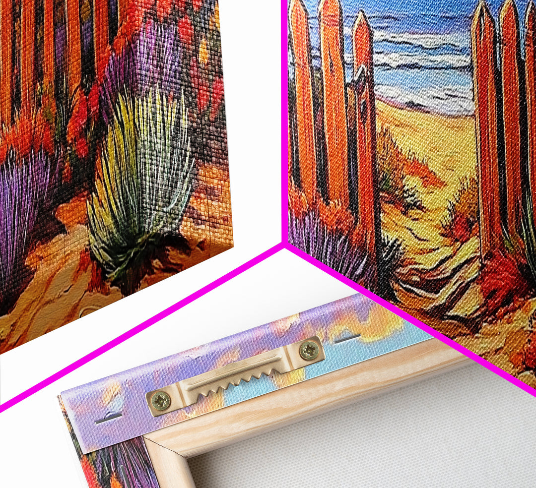 Beach Fence Trail, Ocean Coastal View, Sandy Pathway, Framed Canvas Print, Vibrant Seaside Art, Bathroom or Entryway Decor