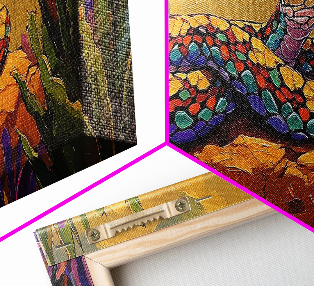 Desert Snake Scene, Vibrant Reptile Art, Cactus Wildlife, Framed Canvas Print, Bold Southwest Wall Decor, Nature Inspired Room