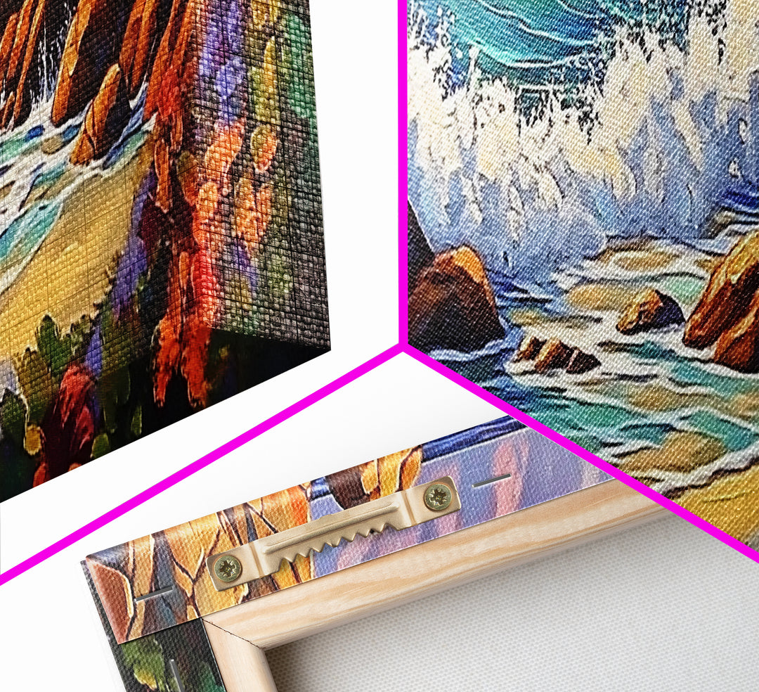 Rocky Shore Break, Ocean Cliff Scene, Seaside Escape, Framed Canvas Print, Coastal Bathroom Wall Art, Nautical Beach Decor