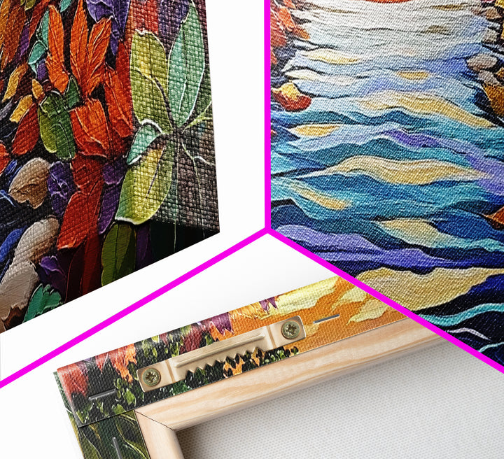 Autumn River Glow, Fall Leaf Reflections, Vibrant Nature Scene, Framed Canvas Print, Rustic Wall Art, Entryway or Dining Room Decor