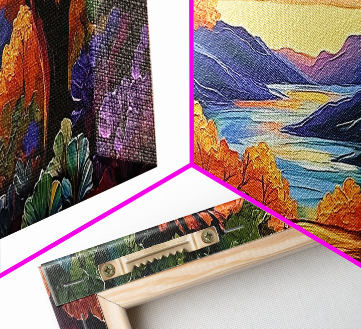 Autumn Lake View, Forest Path, Mountain Vibe, Framed Canvas Print, Fall Wall Art, Boho Landscape, Cozy Living Room Decor