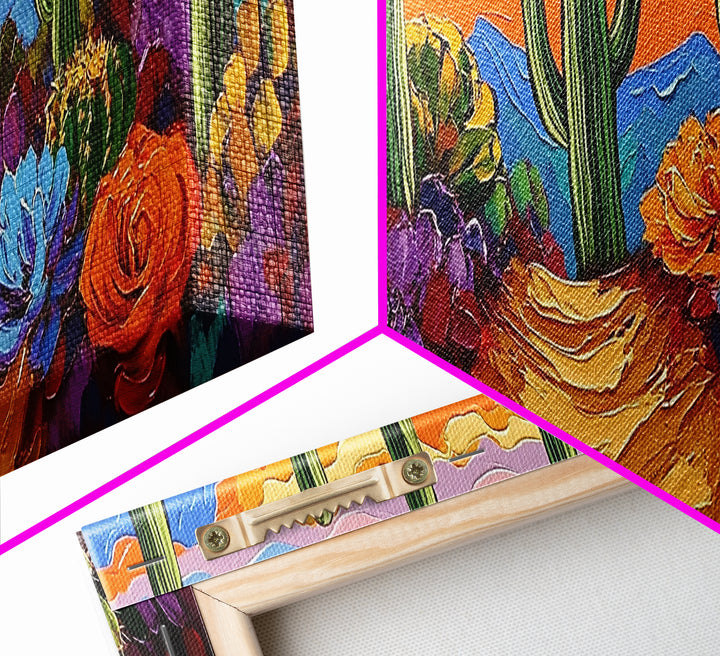 Cactus Garden Sunset, Desert Wall Art, Succulent Landscape, Framed Canvas Print, Boho Living Room Decor, Vibrant Western Style