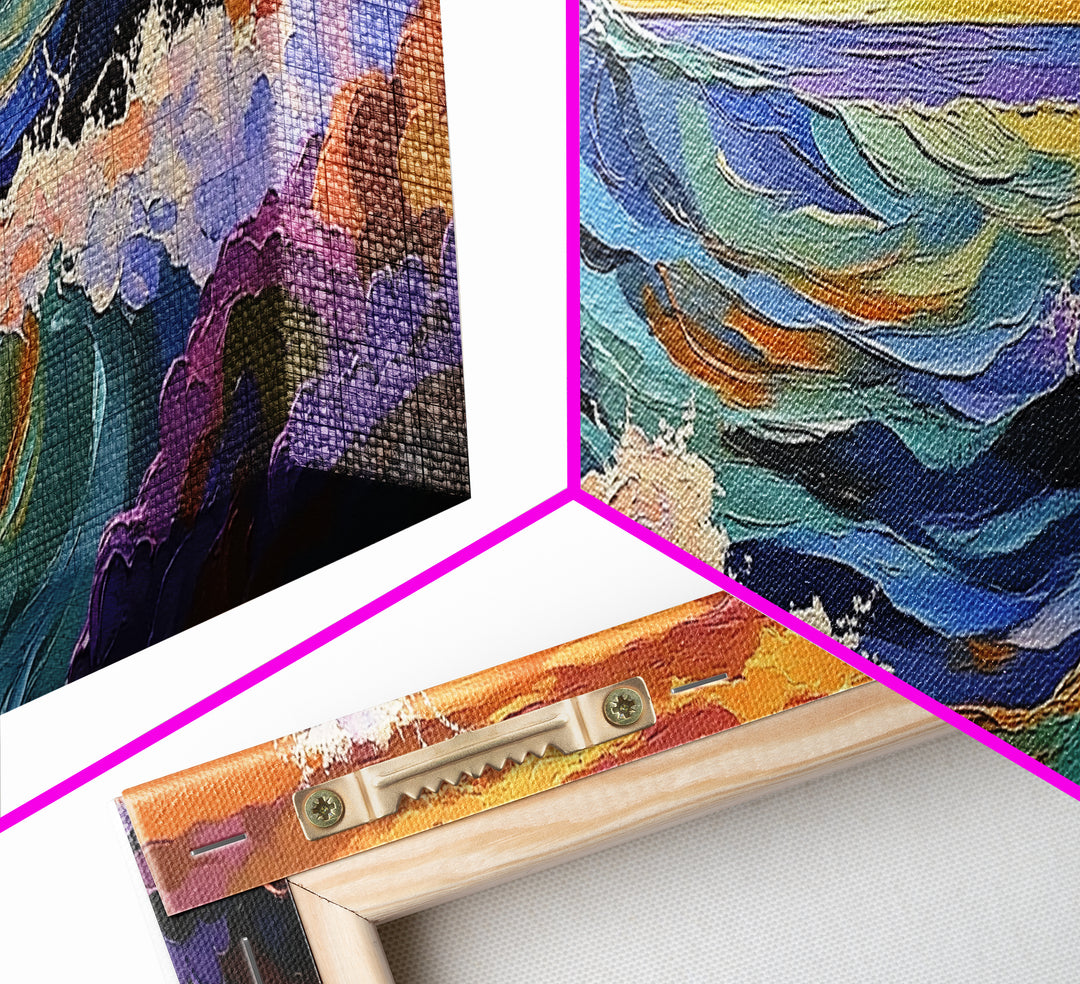 Breaking Waves Seascape, Ocean Wall Art, Sunset Coastal View, Framed Canvas Print, Nautical Living Room Decor, Beach Style