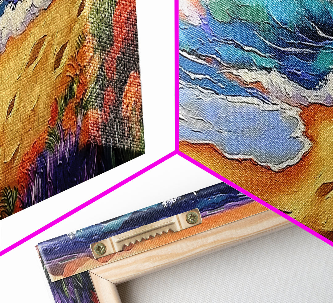 Coastal Wave Art, Beach Shore, Ocean Spray, Sunset Sea Framed Canvas Print, Living Room Wall Art, Modern Tropical Decor