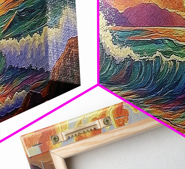 Sunset Surf, Rocky Coast, Vibrant Ocean, Evening Glow, Framed Canvas Print coastal bedroom art, surfer vibes, modern beach wall art