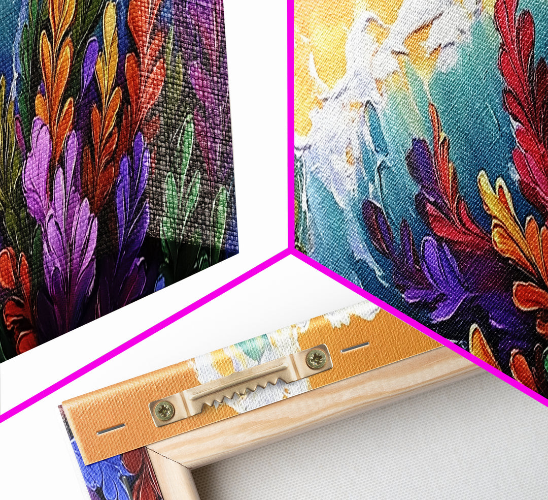 Ocean Blooms, Sunset Waves, Colorful Florals, Seaside Garden, Framed Canvas Print tropical living room wall art, coastal print