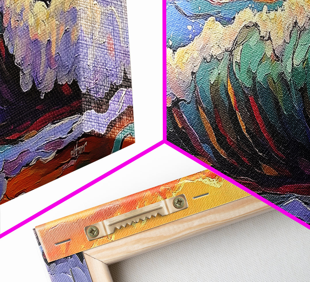 Breaking Wave Art, Sunset Ocean Surf, Bold Seaside Motion, Vibrant Coastal Palette, Framed Canvas Print, Bathroom Beach Decor